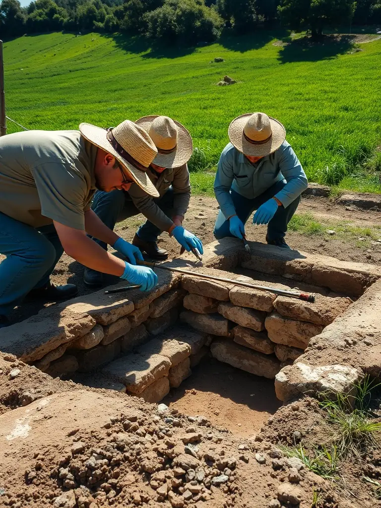 A photograph depicting archaeologists carefully excavating an ancient Roman site in the Pays d'Aubazine, showcasing the meticulous work involved in heritage preservation.