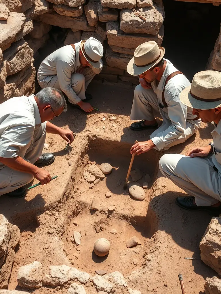 A photograph of archaeologists carefully excavating an ancient site with historical artifacts in the background, representing the Heritage Preservation Programs of HISTOIRE ET ARCHEOLOGIE PAYS D'AUBAZINE.
