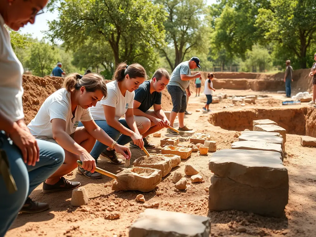 A vibrant photograph capturing volunteers meticulously excavating an archaeological site in Aubazine, showcasing the hands-on work involved in heritage preservation.
