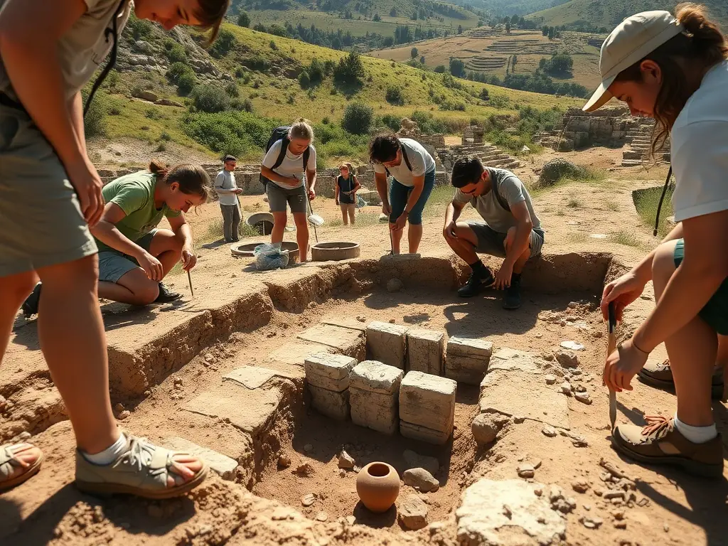 A group of volunteers carefully excavating an archaeological site in the Pays d'Aubazine, uncovering ancient artifacts and structures.