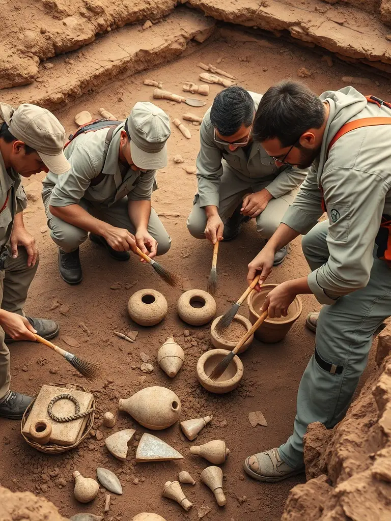 A photograph of archaeologists carefully excavating an ancient site with historical artifacts in the background, showcasing the Heritage Preservation Programs of HISTOIRE ET ARCHEOLOGIE PAYS D'AUBAZINE.