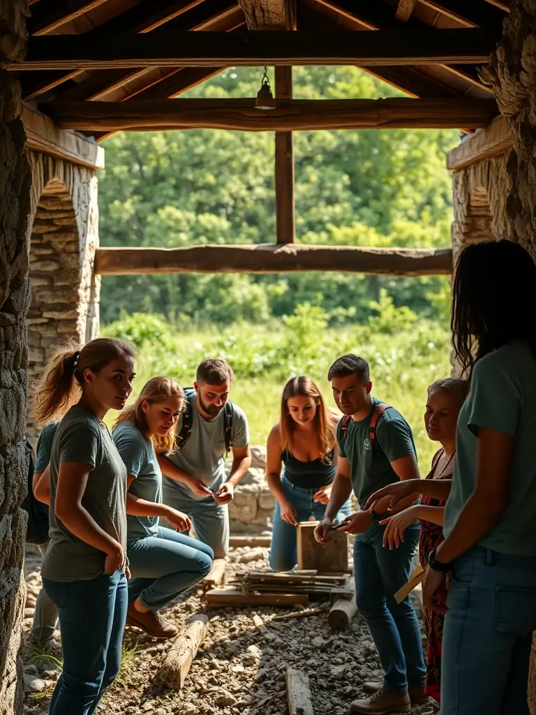 A group of volunteers working together to restore a historical building in Aubazine, symbolizing community engagement and the tangible impact of HISTOIRE ET ARCHEOLOGIE PAYS D'AUBAZINE's work.