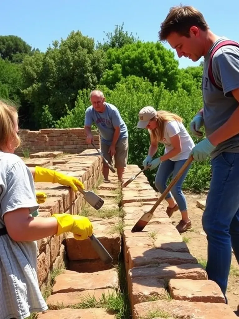 A photograph of volunteers restoring a medieval stone wall, demonstrating the collaborative effort in preserving the architectural heritage of Aubazine.