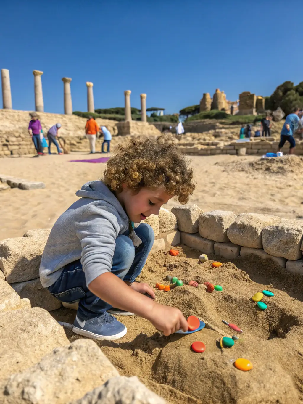 An image of children and adults participating in a hands-on archaeology workshop with artifacts and excavation tools, showcasing the Educational Outreach and Workshops program.