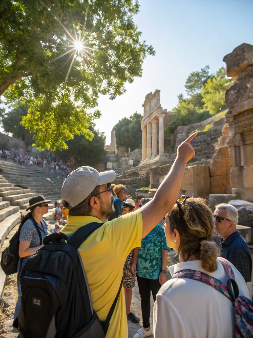 A scenic view of tourists exploring ancient ruins with a knowledgeable guide explaining the site's history, illustrating the Cultural and Heritage Tours offered by HISTOIRE ET ARCHEOLOGIE PAYS D'AUBAZINE.