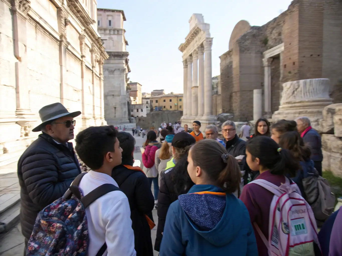 A group of tourists on a guided tour of a historical landmark in Aubazine, listening to a guide explain the site's history and cultural significance.
