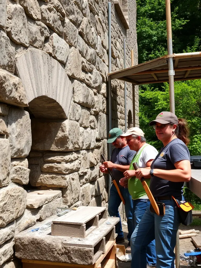 A group of volunteers working together to restore a historical building in Aubazine, demonstrating community involvement in heritage preservation.
